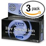 Durex Her Sensation Lubricated Condoms, 12-Count Boxes (Pack of 3)