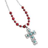 .925 Silver, Turquoise & Red Beaded Cross Necklace- 18.