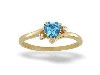 14K Yellow Gold Genuine Heart Blue Topaz and Diamond Ring