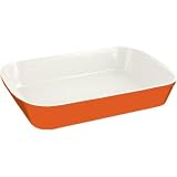 New orange cast iron roasting dish 60(h)x355(w)x230(d) - Cream enamelled interior - Oven to table cookware.
