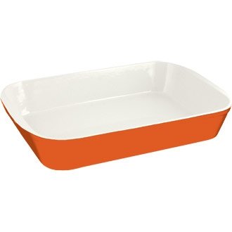 New orange cast iron roasting dish 60(h)x355(w)x230(d) - Cream enamelled interior - Oven to table cookware.