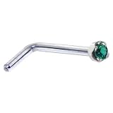 Solid 14KT White Gold 1.5mm Genuine Green Diamond L-Shaped Nose Ring - 18 Gauge