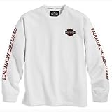 Harley Davidson Men's Long-Sleeve Crew Neck Tee. Constructed of 100% cotton with an embroidered Bar & Shield logo on the left chest and Harley-Davidson racing style script on both sleeves. Black 98221-06VM; White 98222-07VM