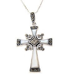 Sterling Silver Marcasite Genuine Mother Of Pearl Cross Pendant