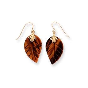 14k Tigers Eye Leaf Drop Earrings - Measures 28x12mm