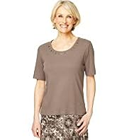 Classic Collection Pure Cotton Metal Disk Embellished Neckline Top with Stay New™