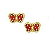 14k Yellow Red Enamel Childrens Butterfly Earrings