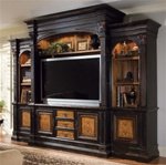 North Hampton 74-Inch Entertainment Console Home Theater Wall in Textured Black Finish with Hand Painted Decoration by Hooker Furniture HF-779-70-765