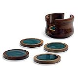 Green agate and cedar coasters, 'Amazon Emerald' (set of 6)