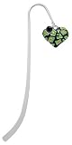 Lime Green Enamel Cheetah Print Heart Silver Plated Charm Bookmark with Jet Black Swarovski Drop
