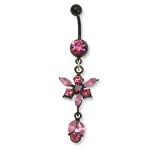 Black Bioplast Belly Ring with Pink Australian Crystals - 14g/5mm ball