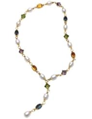 10X14MM/10X10MM/11MMcir/12MMc 18K White Gold South Sea Cultured Pearl, Genuine London Blue Topaz, Genuine Citrine, Genuine Amethyst, & Genuine Peridot Necklace