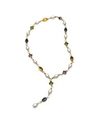 10X14MM/10X10MM/11MM Cir/12MM 18K Yellow Gold South Sea Cultured Pearl, Genuine London Blue Topaz, Genuine Citrine, Genuine Amethyst, & Genuine Peridot Necklace