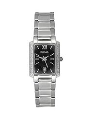 Pulsar Womens PXT699 Diamond Black Mother Of Pearl Dial Stainless Steel Watch