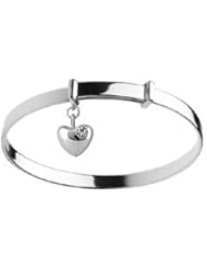 Kids Silver Adjustable April Birthstone Heart Charm Bangle Bracelet