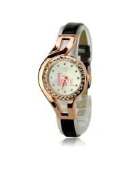 Fashionable Love Slender PU leather Rhinestones Band Round Dial Quartz Movement-Black band - BY ninetong