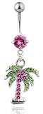 Fun Pink and Green Crystal Tropical Palm Tree Belly/Navel Ring Silver Tone