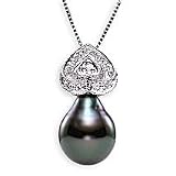 14k Gold Chain, Black Tahitian Drop Pearl and Diamonds Pendant