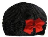 A Girl Company Black Crochet Beanie Hat with Red Hair Bow for Girls/Baby (small)