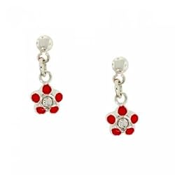 Crystal & Enamel Dangle Earrings in Sterling Silver Red Flower Childrens 