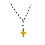 14K Onyx/Pearl Rosary with Amber Cross - 17