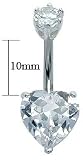 Belly Bars © Avantgarde Jewels - hearts - body bars - belly bars - navel jewellery - belly button rings - Beautiful Swarovski 10mm Crystal Heart and 6mm top gem ball. Comfortable for everyday wear. Surgical steel bar 1.6mm