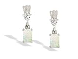 14K White Gold Genuine Emerald-cut Opal and Diamond Dangle Drop Earrings