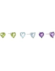 6Mm Heart Shape Semi-Precious Stone 3 Pair Sterling Silver Gemstone Earrings Set