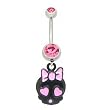 Stainless Steel Belly Ring with Pink Crystals - Dangling Baby Skull with Ribbon