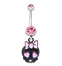 Stainless Steel Belly Ring with Pink Crystals - Dangling Baby Skull with Ribbon
