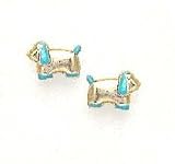 14k Yellow Blue Enamel Childrens Puppy Screw-Back Earrings