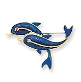 14k Enameled Ruby and CZ Dolphins Pin