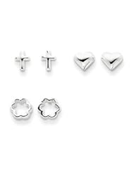 Genuine IceCarats Designer Jewelry Gift Sterling Silver 3 Pair Set Cross, Heart & Flower Earrings