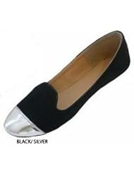 Womens MicroSuede Loafer Smoking Shoes Flats W/metallic Toe cap (9/10, Black/Silver 4040)