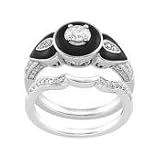 Three Stone Diamond And Black Onyx Engagement Ring