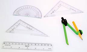 Geometry Math Set; Fundamental drawing aids; Ruler, triangles, compass, protractor, and pencil