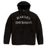 Harley Davidson Men's Skull Waterproof Jacket. 100% waterproof seam-sealed knit polyester fleece with laminated backing. Abrasion-resistant patches at shoulders and elbows. Water tight storm cuff and adjustable bungee cord hem. Zippered front kangaroo pocket. Printed reflective graphics on front and large reflective skull graphic on back. 98269-08VM