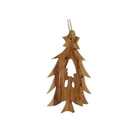 Olive Wood Christmas Tree Nativity Ornament 3-D