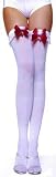 Sexy White Opaque Thigh High Stockings with Satin Bow, Maribou puff and Bell