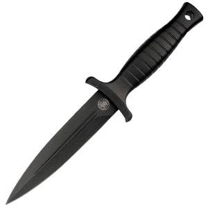 H.R.T. Boot Knife, Stainless, Black Blade, Plain, Leather Sh