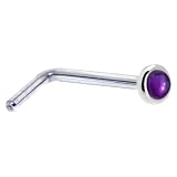 Solid 14KT White Gold 2mm Genuine Amethyst L-Shaped Nose Ring - 20 Gauge