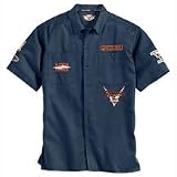 Harley Davidson Mens Shortsleeve Garage Shirt, Black or Blue, True Garage Shirt Styling, Button Front, Two Pockets with Button Closure, Patches on Chest and Sleeves, Large Embroidery on Back, 99240-06VM