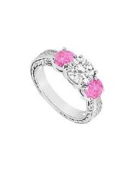 Three Stone Pink Sapphire and Diamond Ring : 14K White Gold - 1.25 CT TGW