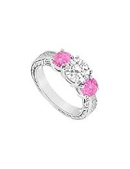 Three Stone Pink Sapphire and Diamond Ring : 14K White Gold - 1.25 CT TGW