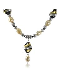 14K white gold dyed gold and grey freshwater cultured pearl and Murano bead necklace, 18"