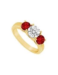 Three Stone Ruby and Diamond Ring : 14K Yellow Gold - 1.25 CT TGW