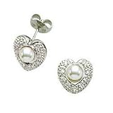 Pearl  Diamond Heart Earrings in 14K White Gold