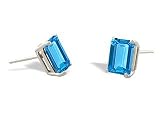 14K White Gold Genuine Emerald-cut Blue Topaz Stud Earrings