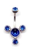 Double Jeweled Tri-Star navel bar in Capri Blue 14 guage by 3/8