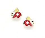 14k Yellow CZ Red Enamel Childrens Rabbit Earrings